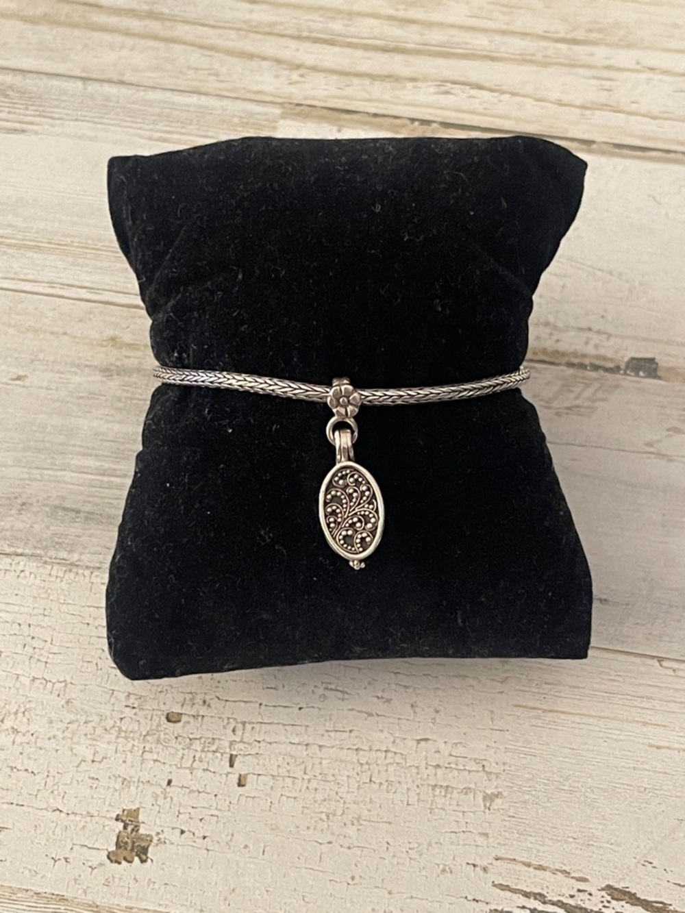 Lois Hill Sterling Silver Locket Charm Toggle Bracelet 925 Filigree Wheat Chain